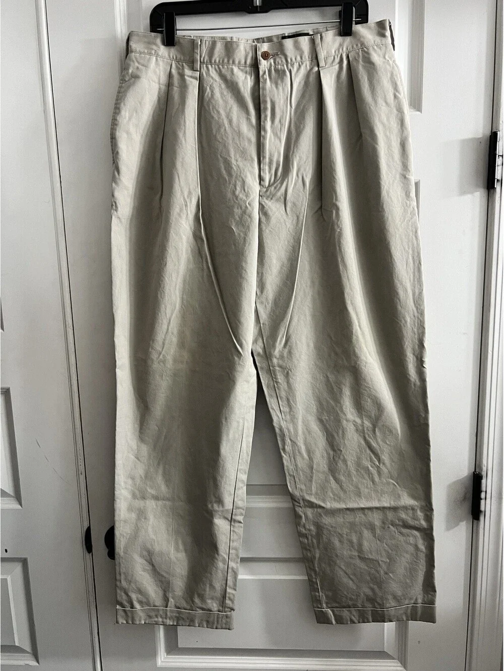 Vintage J Crew Pants Men 36x30 Beige Pleated Suspender Twill Trouser 90s Wideleg